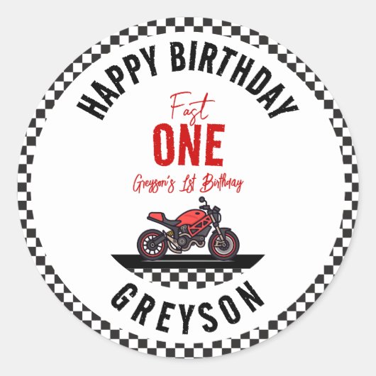 One Fast Race Motorcycle Boy 1st Birthday Party ラウンドシール (正面)