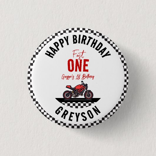 One Fast Race Motorcycle Boy 1st Birthday Party 缶バッジ (正面)