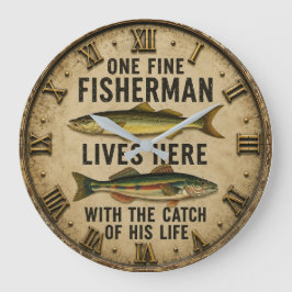 One Fine Fisherman Vintage Fishing Decor ラージ壁時計