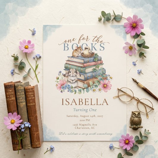 One For The Books Storybook Library 1st Birthday 招待状