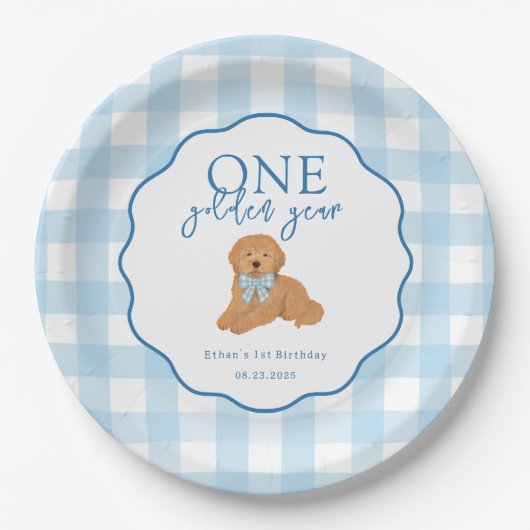 One Golden Year Doodle Puppy First Birthday Party ペーパープレート (正面)