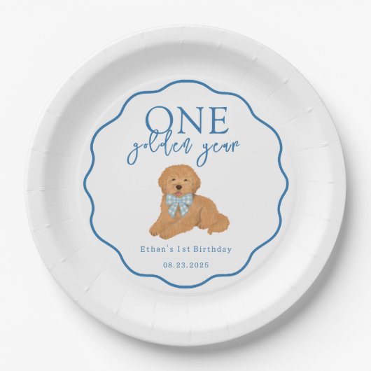 One Golden Year Doodle Puppy First Birthday Party ペーパープレート (正面)
