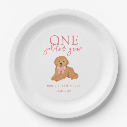 One Golden Year Doodle Puppy First Birthday Party ペーパープレート (正面)