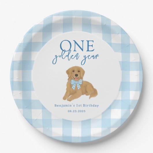 One Golden Year Golden Retriever Boys Birthday ペーパープレート (正面)