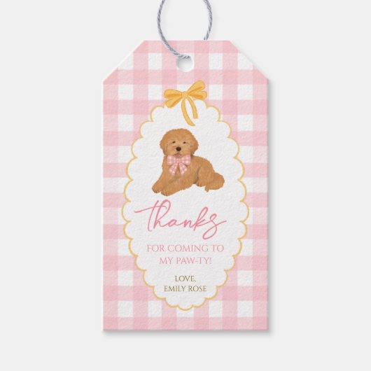One Golden Year Pink Gingham Golden Doodle ギフトタグ (正面)