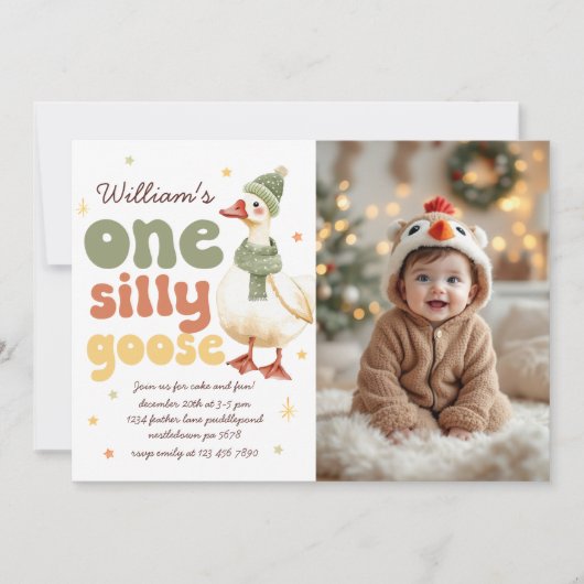 One Goose間抜け Christmas Green 1st誕生日の写真 招待状 (正面)