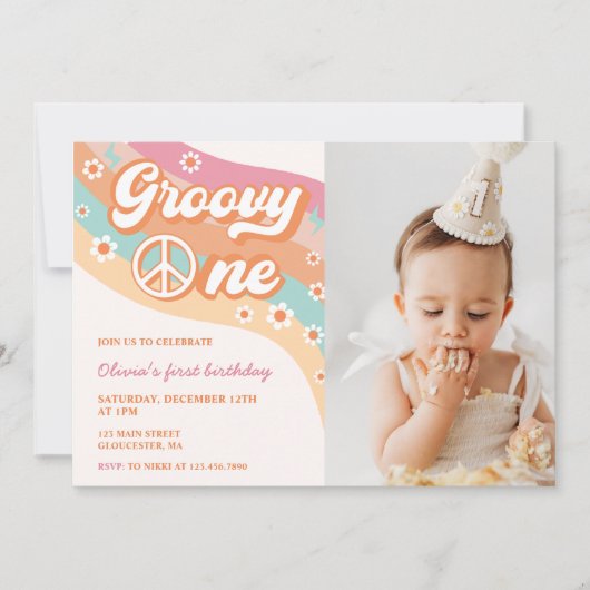 One Groovyレトロデイジー1st誕生日パーティー写真 招待状 (正面)