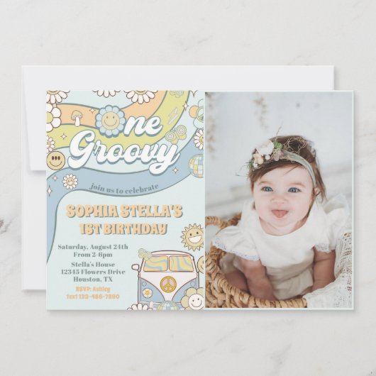 One Groovyレトロレインボー1st誕生日パーティー写真 招待状 (正面)