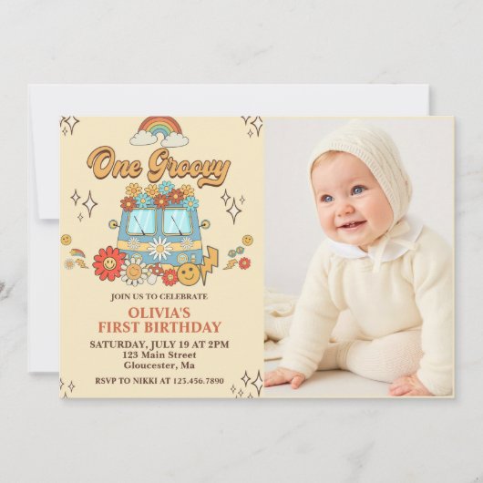 One Groovyレトロレインボー1st誕生日パーティー写真 招待状 (正面)