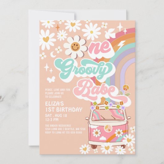 ONE Groovy Babeピンクデイジーレインボー1日 招待状 (正面)