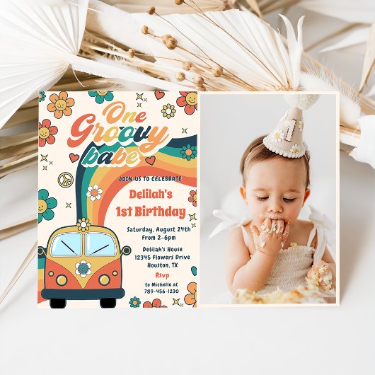 One Groovy Babeレトロフローラ1stバースデーフォト 招待状