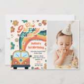 One Groovy Babeレトロフローラ1stバースデーフォト 招待状 (正面)