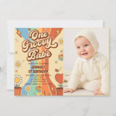 One Groovy Babeレトロレインボー1stバースデーフォト 招待状 (正面)