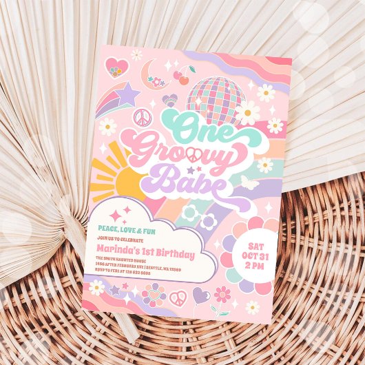 One Groovy Babe Disco Rainbow Sun 1st Birthday 招待状
