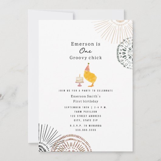 One Groovy Chick Boho First Birthday Party 招待状 (正面)