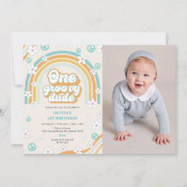 One Groovy Dudeレトロ男の子1st誕生日パーティー写真 招待状