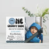 One Groovy Dude Boy 1st誕生日フォト 招待状 (スタンド正面)