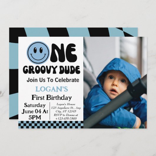 One Groovy Dude Boy 1st誕生日フォト 招待状 (正面/裏面)