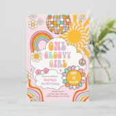 One Groovy Girlレトロ70sレインボー1st誕生日 招待状 (スタンド正面)