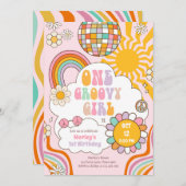 One Groovy Girlレトロ70sレインボー1st誕生日 招待状 (正面/裏面)