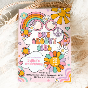 One Groovy Girl 70sフラワーパワーレインボー誕生日 招待状