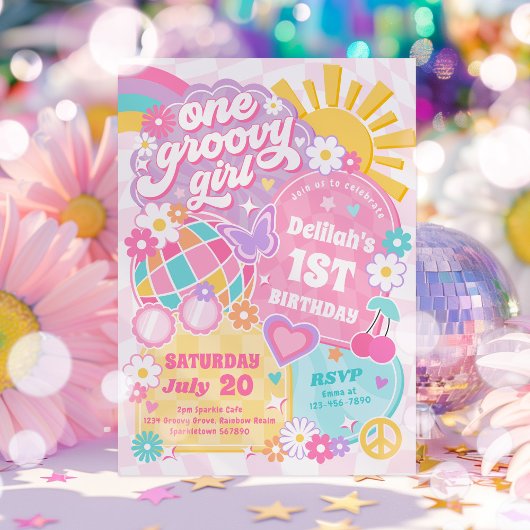 One Groovy Girl Groovy Rainbow 1st Birthdayパーティー 招待状
