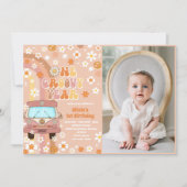 One Groovy Yearレトロレインボー1stバースデーフォト 招待状 (正面)