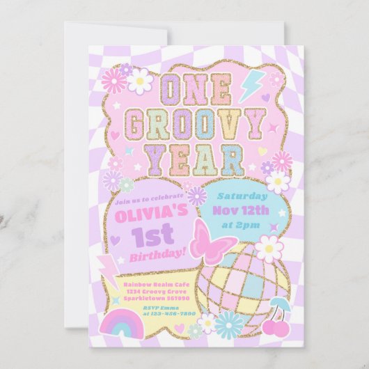 One Groovy Year 名門私立校風の Varsity 1st Birthdayパーティー 招待状 (正面)