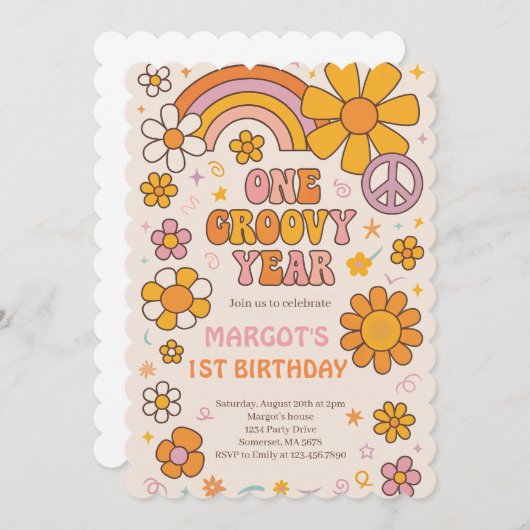 One Groovy Year 1番目の誕生日パーティー 招待状 (正面/裏面)