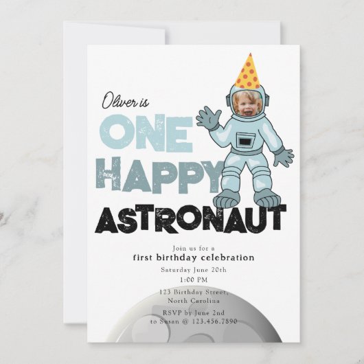 One Happy Astronaut Photo 1st  First Birthday 招待状 (正面)