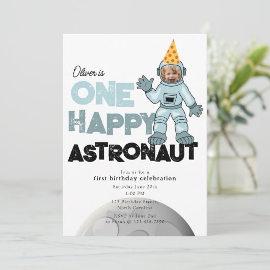 One Happy Astronaut Photo 1st  First Birthday 招待状 (スタンド正面)