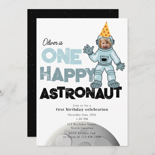 One Happy Astronaut Photo 1st  First Birthday 招待状 (正面/裏面)