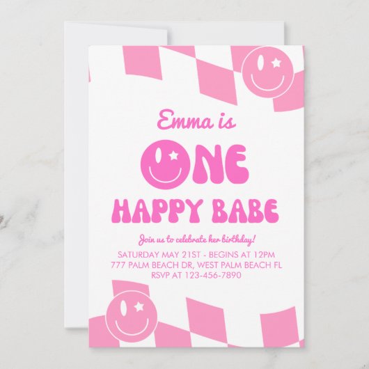 One Happy Babe Groovy 1st Birthday 招待状 (正面)