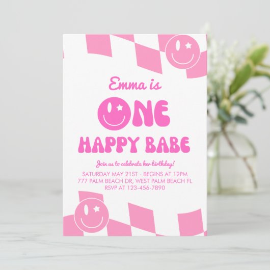 One Happy Babe Groovy 1st Birthday 招待状 (スタンド正面)