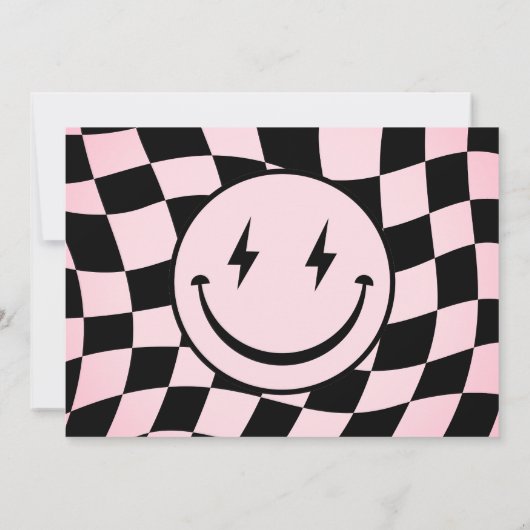 One Happy Babe Groovy Pinkチェックフォト誕生日 招待状 (裏面)