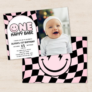 One Happy Babe Groovy Pinkチェックフォト誕生日 招待状
