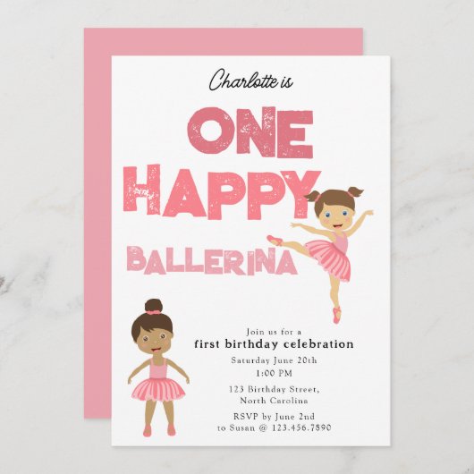One Happy Ballerina Invite 1st Girl Birthday 招待状 (正面/裏面)
