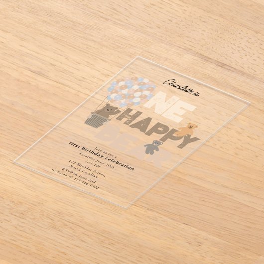 One Happy Bear Invite 1st  First Birthday Cute アクリル招待状 (レイダウン)