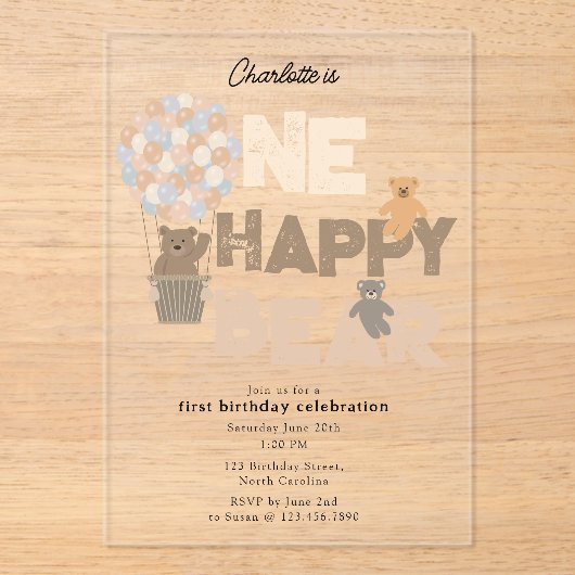 One Happy Bear Invite 1st  First Birthday Cute アクリル招待状 (正面)