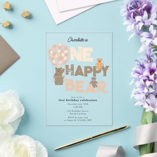One Happy Bear Invite 1st  First Birthday Cute アクリル招待状 (インサイチュ (ウェディング))