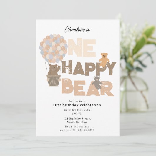 One Happy Bear Invite 1st  First Birthday Cute 招待状 (スタンド正面)