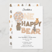 One Happy Bear Invite 1st  First Birthday Cute 招待状 (正面/裏面)