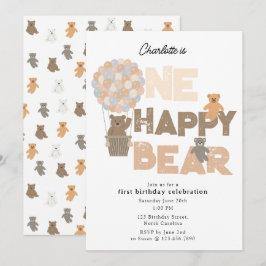 One Happy Bear Invite 1st First Birthday Cute 招待状