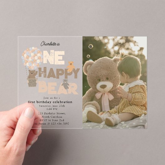 One Happy Bear Invite 1st  First Birthday Photo アクリル招待状 (インサイチュ (ポータブル))