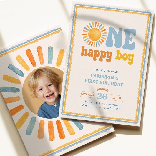 One Happy Boy サンシャイン 1歳の誕生日 招待状
