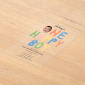 One Happy Boy Birthday Invite 1st Birthday Photo アクリル招待状 (レイダウン)