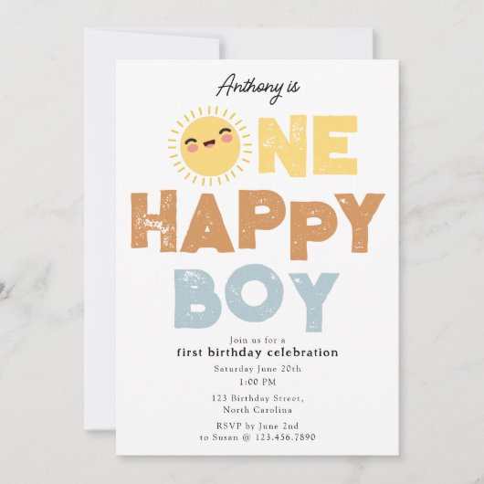 One Happy Boy Birthday Invite 1st Birthday Sun 招待状 (正面)