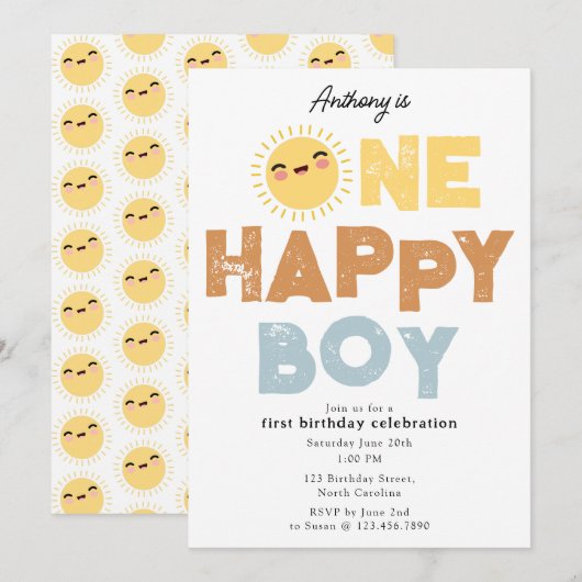 One Happy Boy Birthday Invite 1st Birthday Sun 招待状 (正面/裏面)