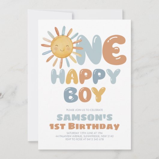 One Happy Boy Sun 1st Birthday 招待状 (正面)