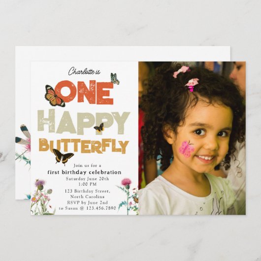 One Happy Butterfly 1st Wildflower Birthday Photo 招待状 (正面/裏面)